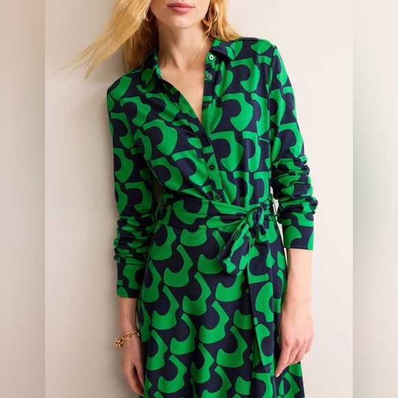 Boden Laura Green and Navy Geometric Print Midi Dress Tie Waist Long Sleeve 6P - Picture 3 of 12